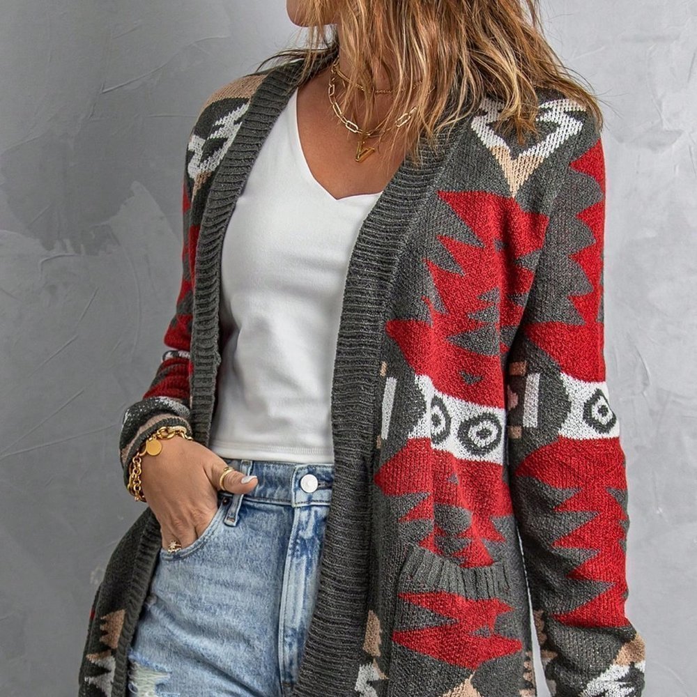 Grey Casual Womens Geo Pattern Dual Pocket Open Front Cardigan - Picture 3 of 5